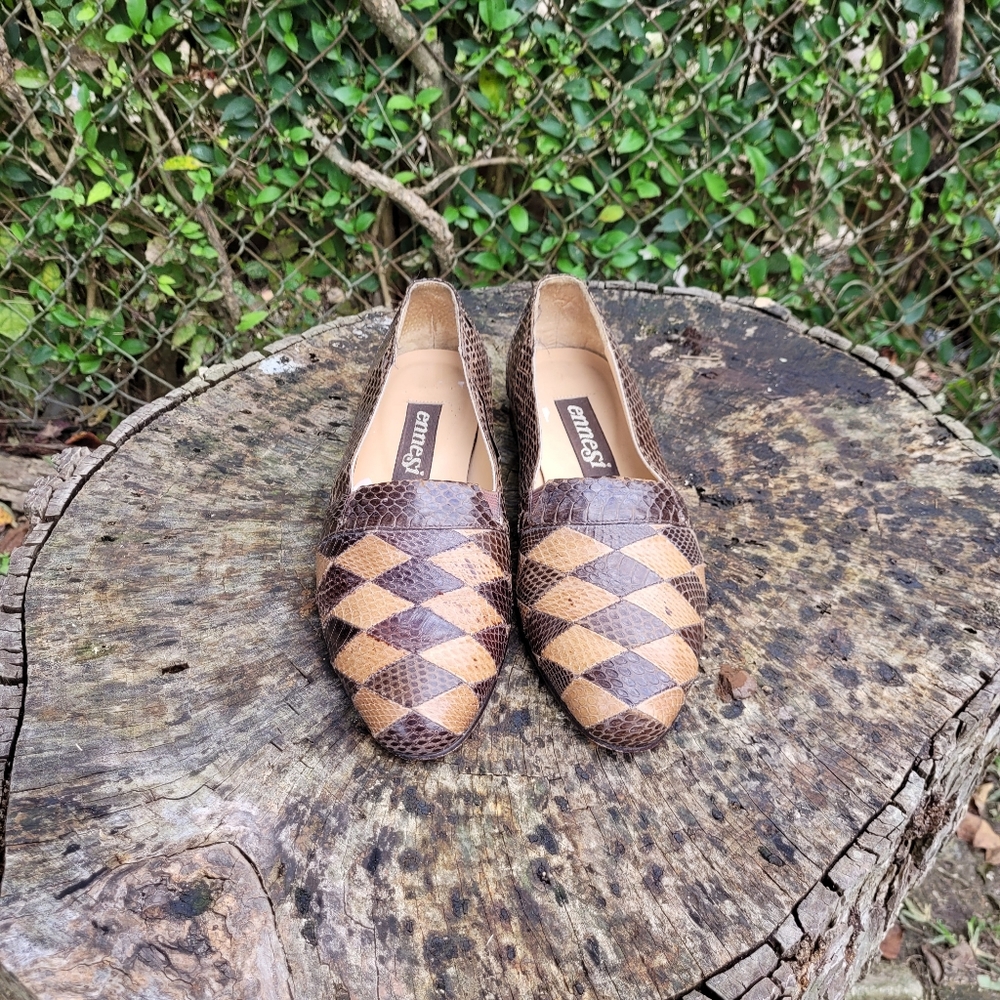 Vintage Ennesi Italy Brown/Gold Genuine Reptile Slip On Shoes - Picture 7 of 8
